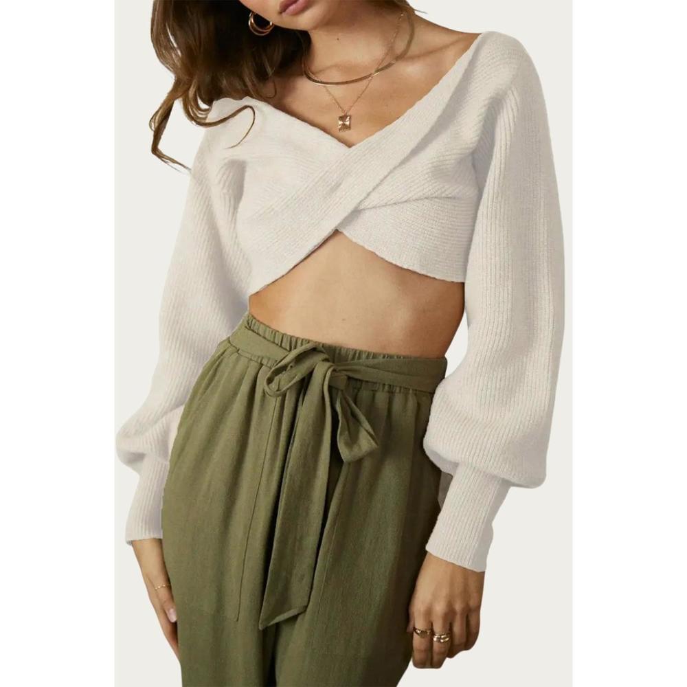 NEW ENDLESS BLU. cropped twisted ribbed-modal sweater in ivory